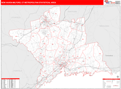 New Haven-Milford Metro Area Digital Map Red Line Style